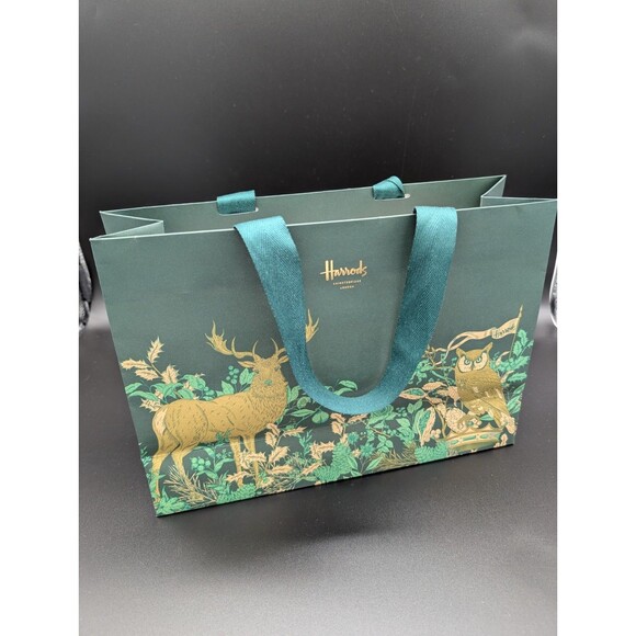 Harrods Knightsbridge London Medium Gift Bag Green w/ Deer/Elk & Owl - Picture 3 of 6